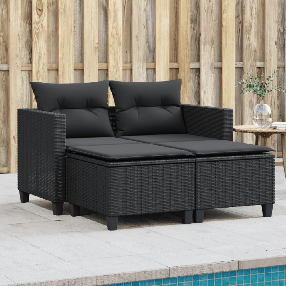 vidaXL Gartensofa 2-Sitzer mit Hockern Schwarz Poly Rattan 365791 Bild 1