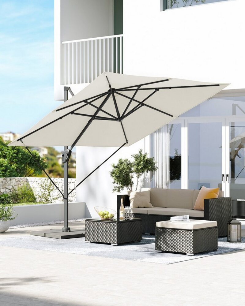 Songmics Sonnenschirm mit Ständer, 360° drehbar, UPF 50+, Beige, 253 x 5,5 x 290 cm Bild 1