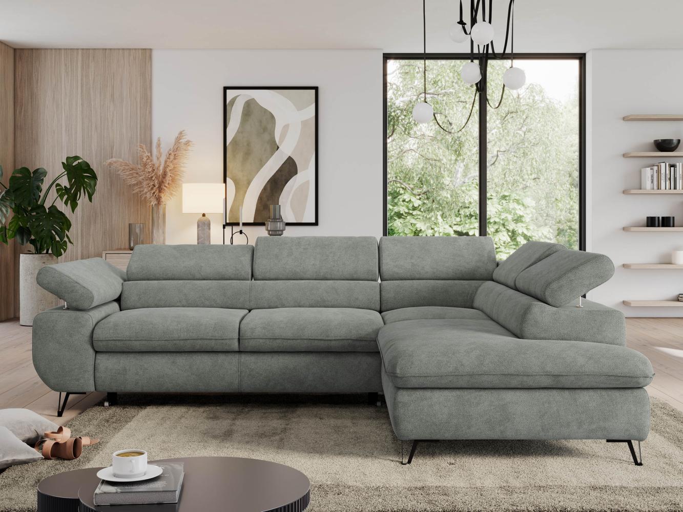 Mks Möbel 'Pedro L-Form' Ecksofa mit Schlaffunktion, verstellbaren Kopfstützen & Bettkasten, Grau, Stoff, mit Topper, rechts Bild 1