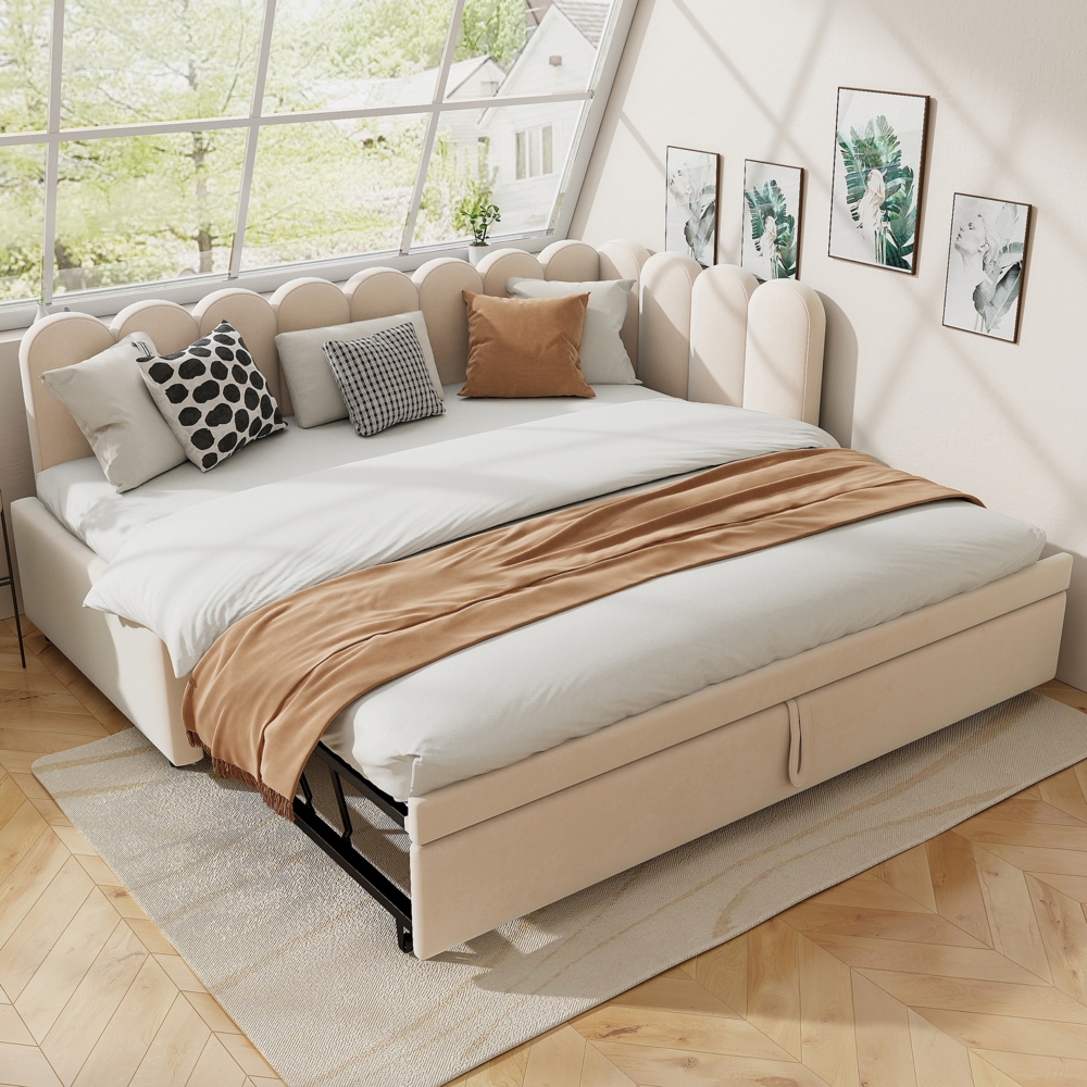 Merax Daybett Polsterbett 90x200cm mit Ausziehbett, Schlafsofa Tagesbett mit Rückenlehne, Jugendbett Kinderbett mit Lattenrost, Sofabett Daybett Samt, beige Bild 1