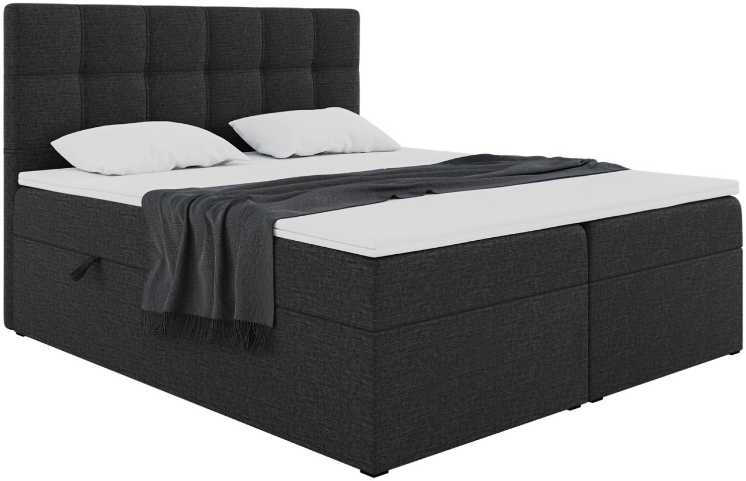 Meblini 'Nils' Boxspringbett mit Topper, Bonellfederkern-Matratze & Bettkasten, H3, Schwarz Webstoff, 180x200 cm Bild 1