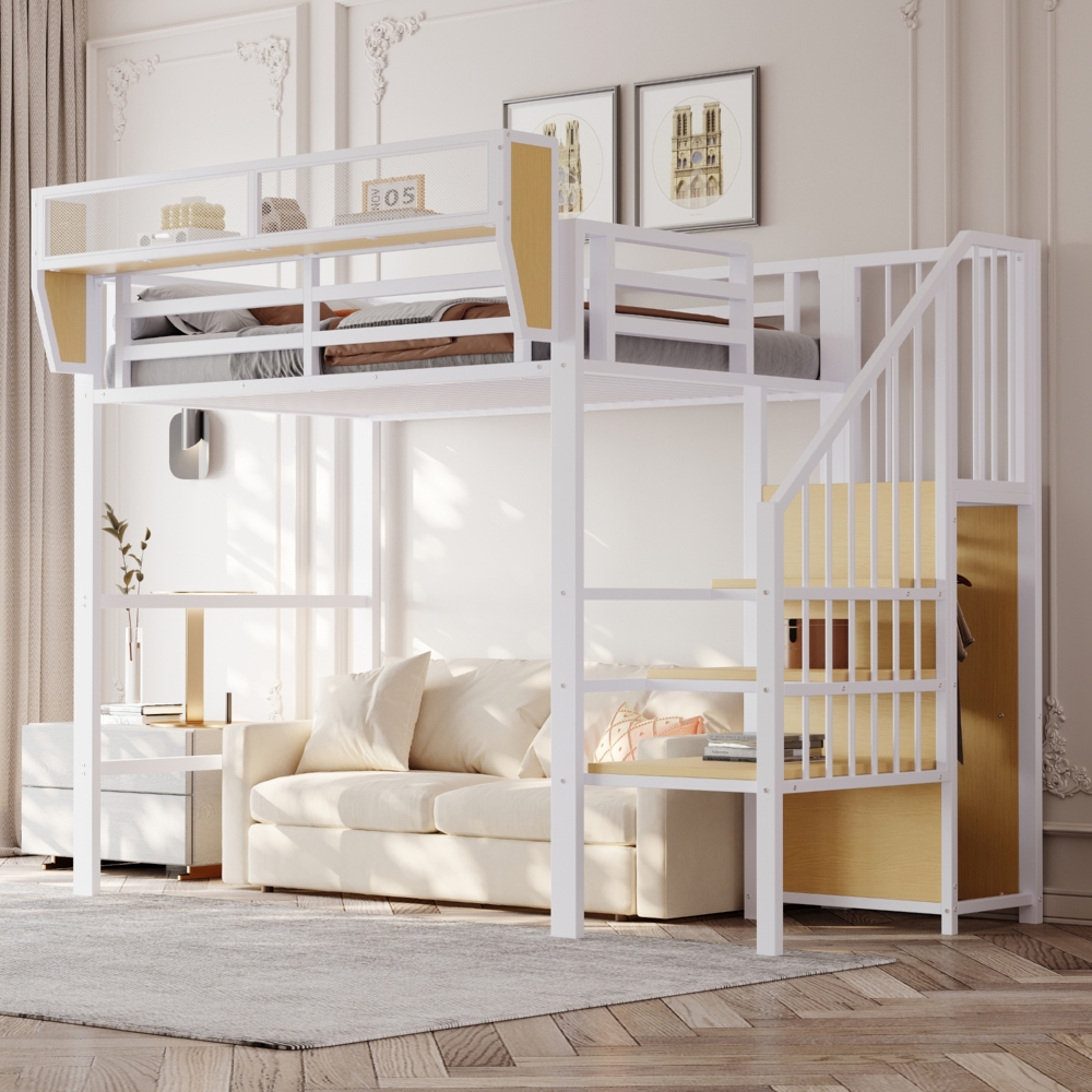 Merax Hochbett 90x200cm, Etagenbett, Kinderbett mit Sicherheitsleiter und flexiblem Staufach, Metallbett, Weiß Bild 1
