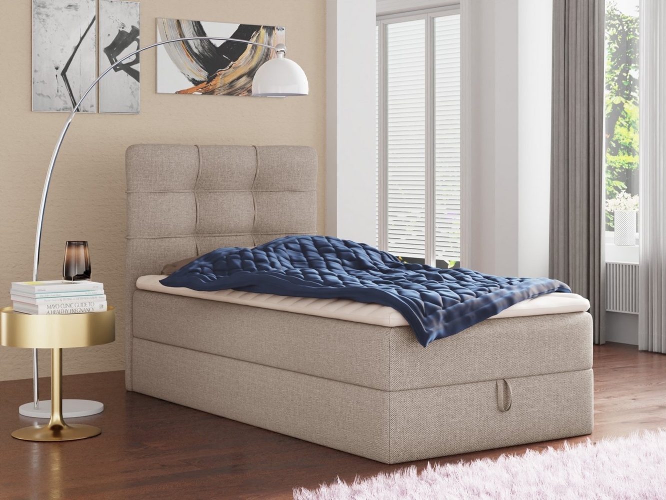 Boxspringbett Best Mini mit Bettkasten und Matratzentopper - Einzelbett mit Bonell-Matratze und Topper, Polsterbett, Bett, Schlafzimmer (Beige (Inari 22), 100 x 200 cm) Bild 1