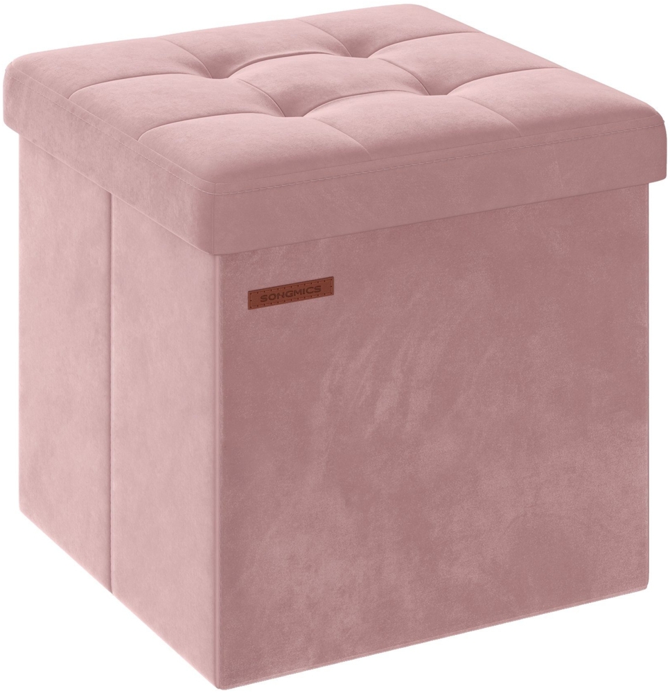 Songmics Sitzbank mit Stauraum aus Samt, klappbare Sitztruhe, Aufbewahrungsbox mit Deckel, Fußbank, 38 x 38 x 38 cm, bis 300 kg belastbar, für Flur, Wohnzimmer, Schlafzimmer, pastellrosa LSFDE227R01 Bild 1