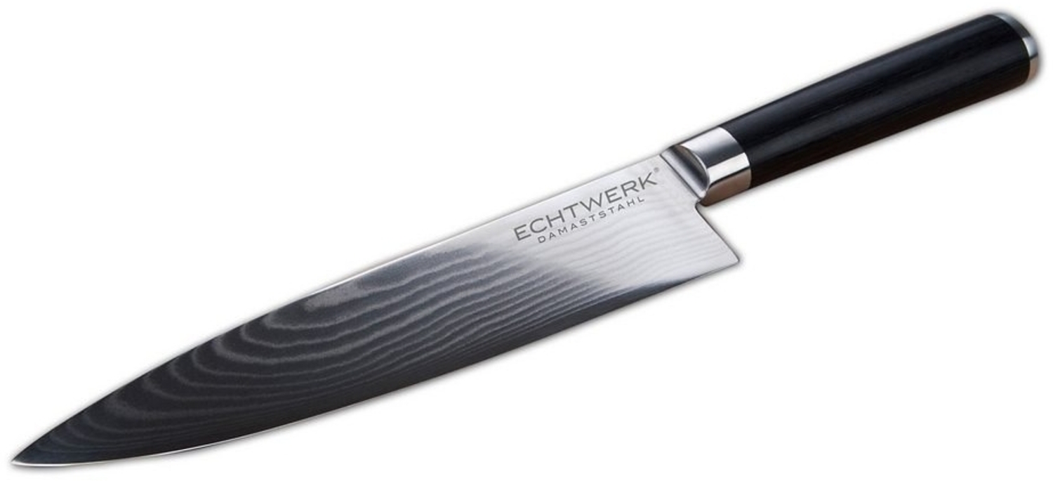 ECHTWERK Damastmesser Küchenmesser Kochmesser, gebogene scharfe Klinge für präzise Schnitte von Fleisch, Fisch und Gemüse, ergonomischer-Griff aus Pakka-Holz, Klingenlänge ca. 18 cm, Aufbewahrungsbox Bild 1