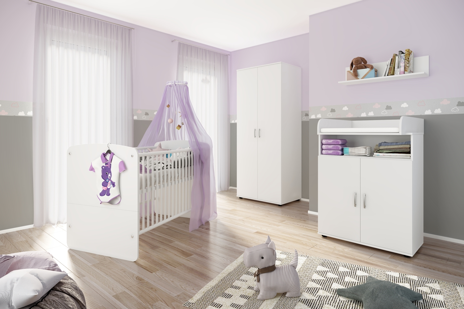 nonjoo Lunis Set 3: best. aus Babybett, Kommode, Wickelaufsatz, Wandboard und Kleiderschrank 2-trg. Bild 1