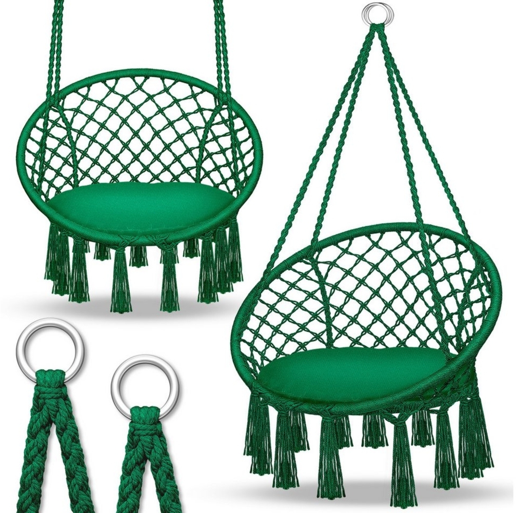 tillvex Hängesessel Grün 200kg zum Aufhängen | Hängestuhl Indoor & Outdoor | Hängekorb wetterfest | Schaukelkorb mit Kissen Bild 1