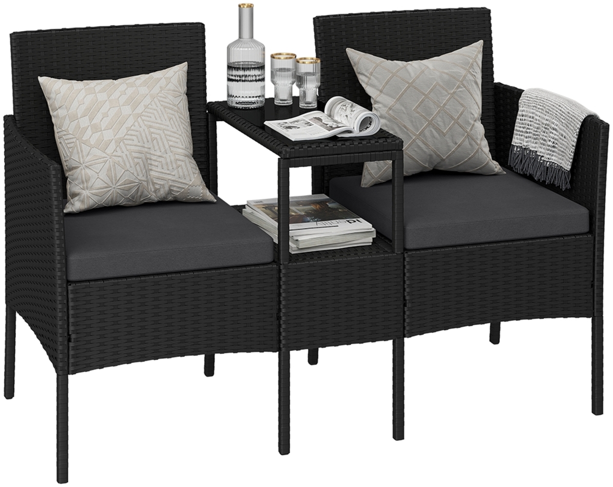 STEELSØN 'Velara' Polyrattan Gartenbank 2er-Sitzer mit Tisch, schwarz/anthrazit, 81x65x135 cm, wetterfest Bild 1