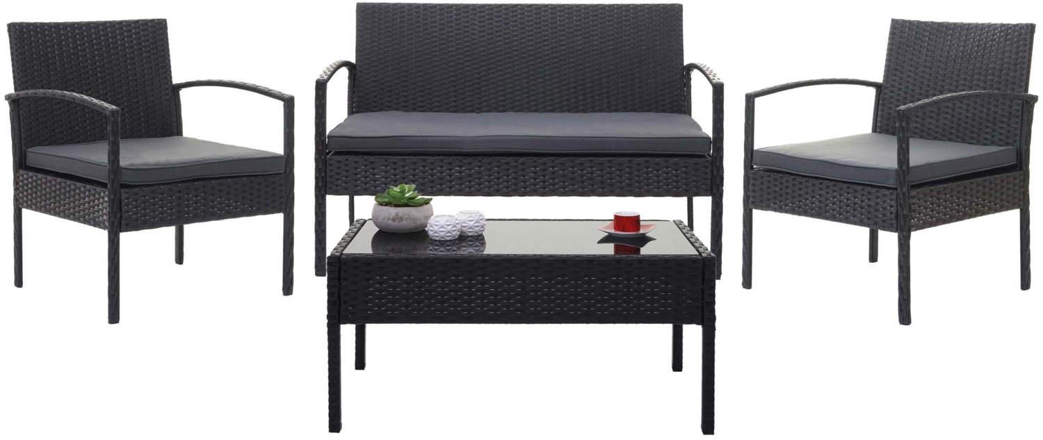 Poly-Rattan Garnitur HWC-F56, Balkon-/Garten-/Lounge-Set Sitzgruppe ~ schwarz, Kissen dunkelgrau Bild 1