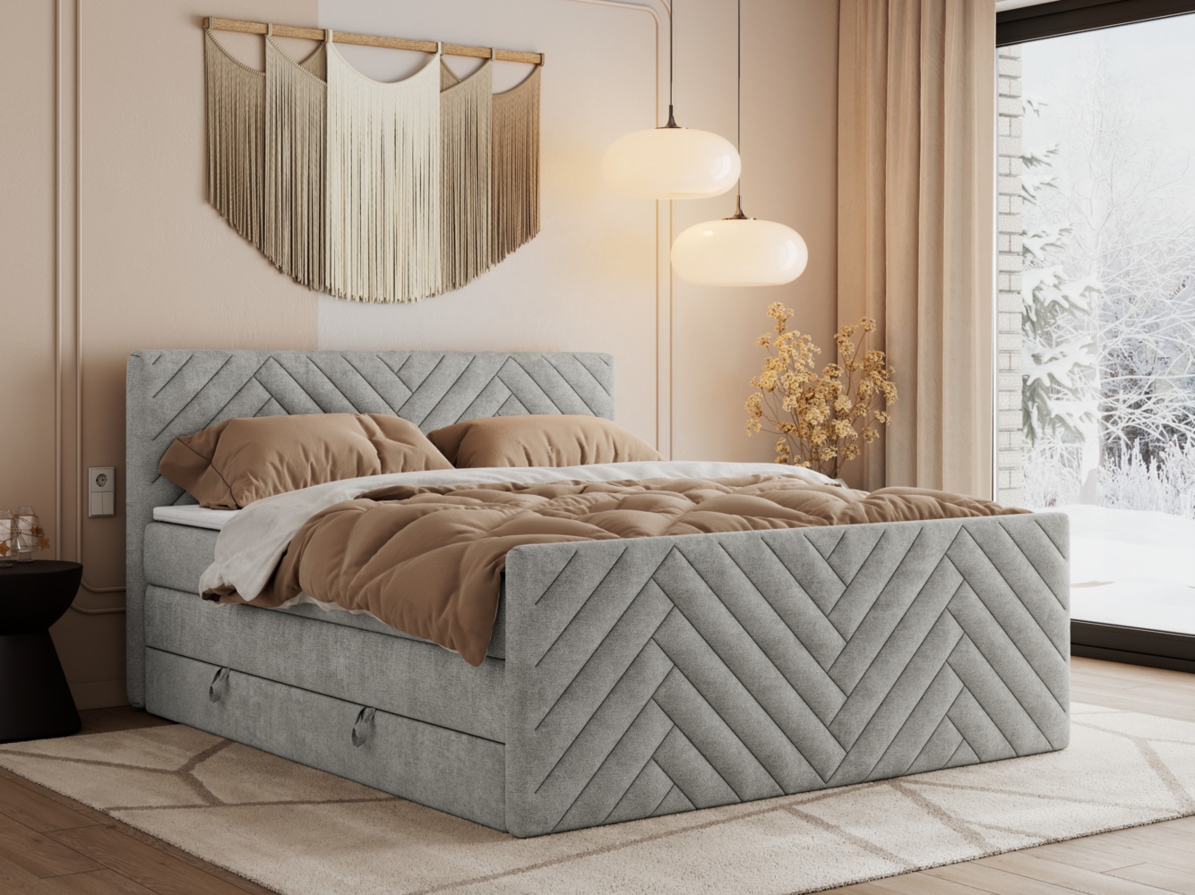Boxspringbett mit zwei Matratzen und Bettkästen, Doppelbett, Multipocket-Matratzen, mit Fußteil - PARIS KING DUO, Hellgrau, 200x200 cm, Stoff, H3 Bild 1