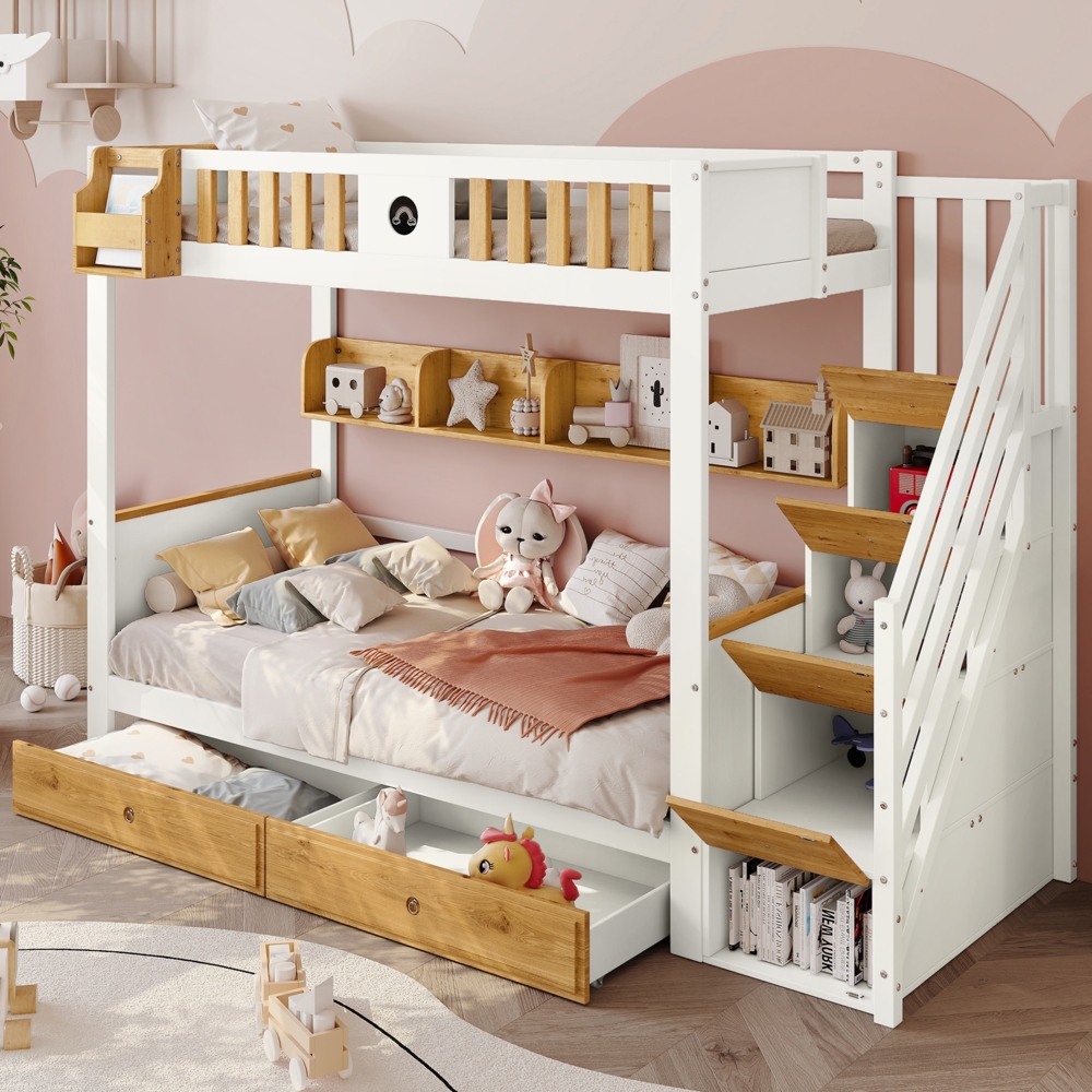Merax 90x200cm Etagenbett mit Treppe, Reichlich Stauraum, Rahmen aus Kiefernholz und MDF, Kinderbett mit 4 Schließfächer in der Treppe, mit Fallschutzgitter und 2 Schubladen, Offenes Regal, Weiß+Natur Bild 1