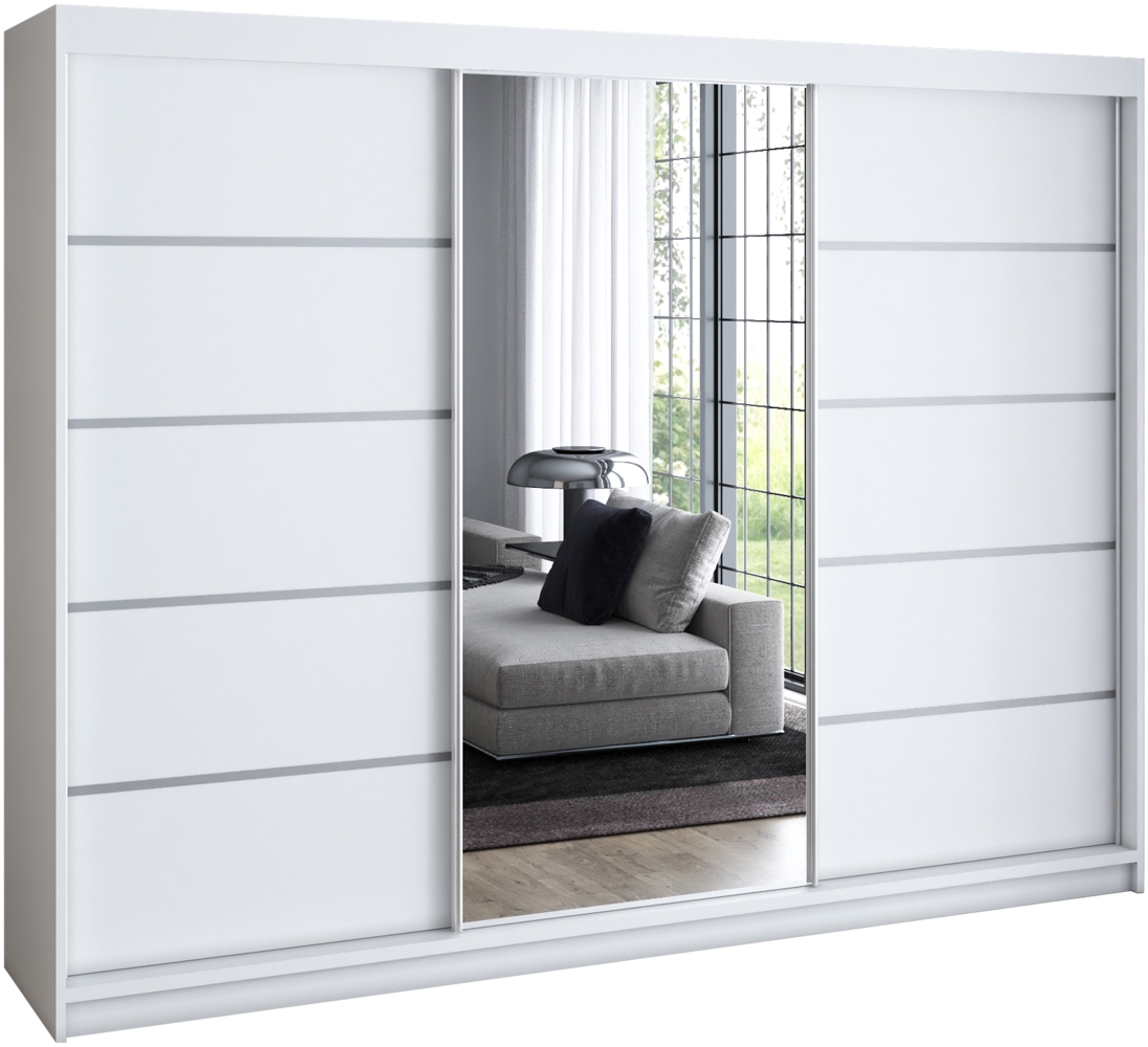 A&J MöbelLand 'Vilano' Schwebetürenschrank mit 4 Schubladen und Spiegel, Spanplatte, 215 x 59,5 x 200 cm, Weiß / Weiß / Weiß Bild 1