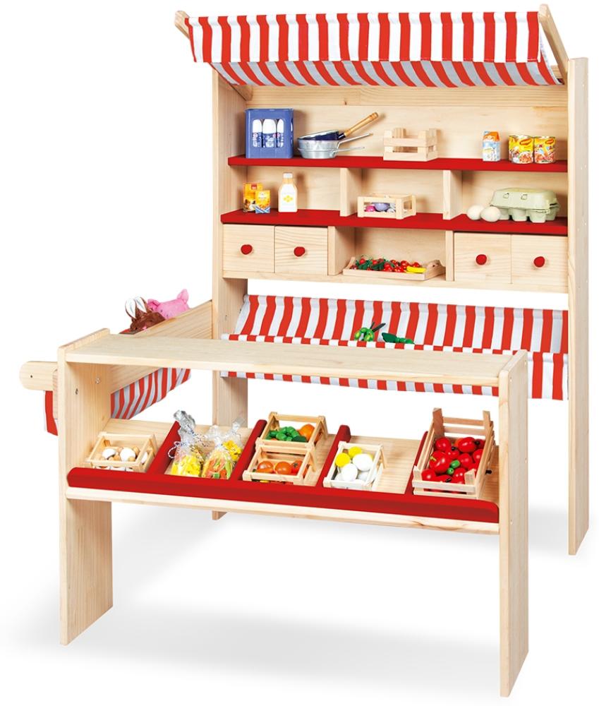 Pinolino 'Lucy' Marktstand, geeignet für Kinder von 2-8 Jahren, Kiefer / MDF, natur / rot, 108 x 95 x 123 cm Bild 1