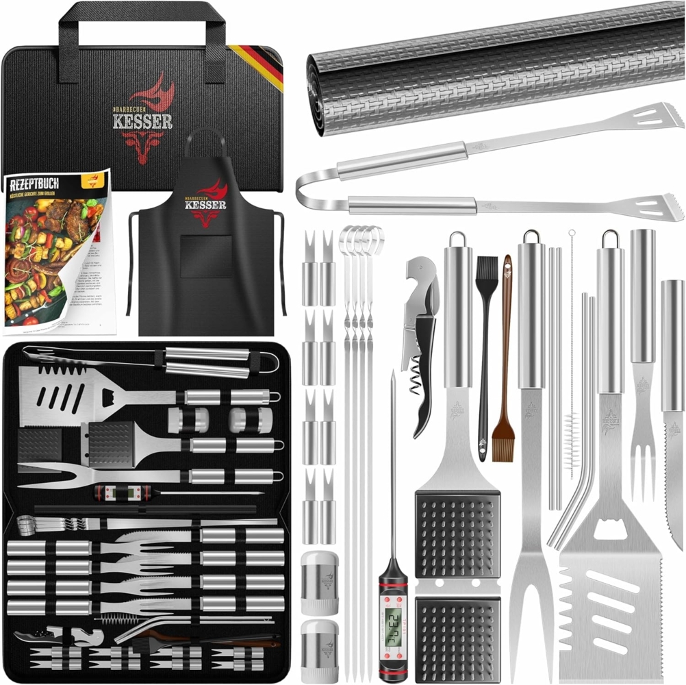 KESSER® Grillbesteck Set 37-teilig Grillzubehör aus rostfreiem Edelstahl Grillset mit Grillzange, Grillwender, 4in1 Grillspatel, Grillgabel, Grill-Spieß, Thermometer, Korkenzieher, Grillmatte & Tasche Silber Bild 1