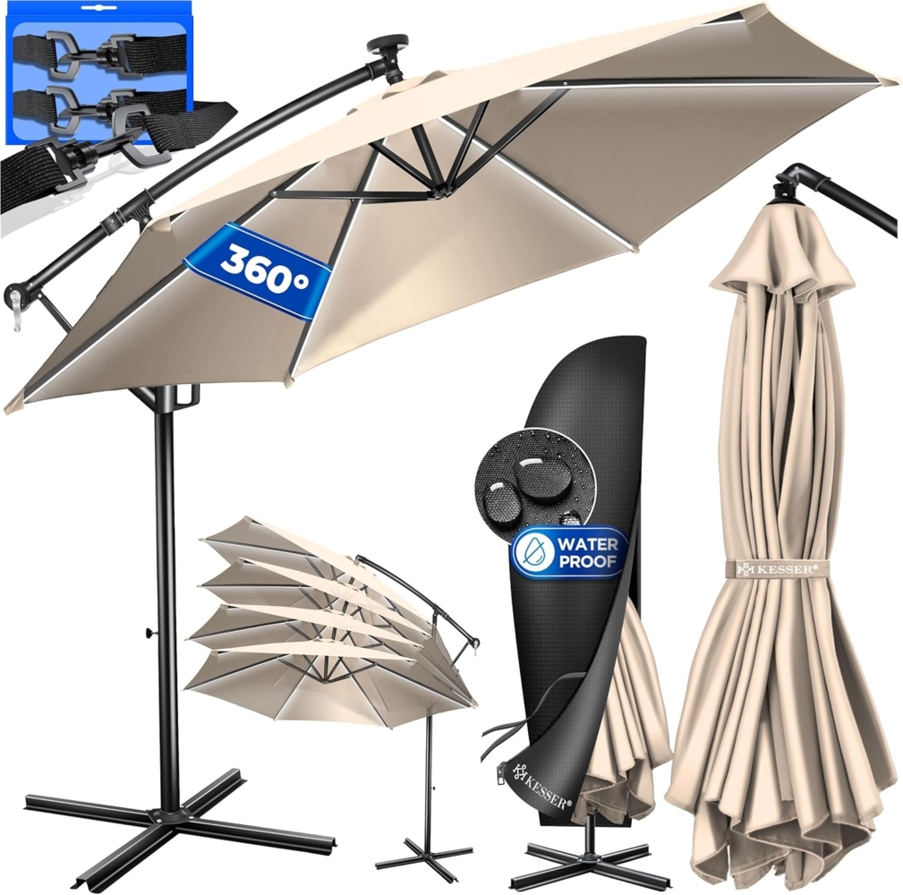 Kesser® Sonnenschirm LED Solar mit Abdeckung, Polyester / Aluminium beige, Ø 300cm Bild 1