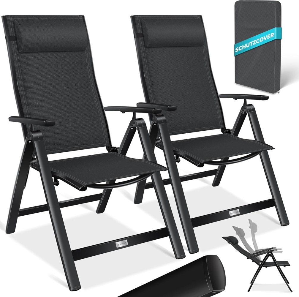 KESSER® Gartenstuhl Hochlehner mit Armlehnen | Aluminium Klappstuhl inkl. Kopfkissen Campingstuhl 7-Fach Verstellbar Rückenlehne | Atmungsaktiv & Wetterfest | Klappbar & Anti-Rutsch Schwarz, 2 Stück Bild 1