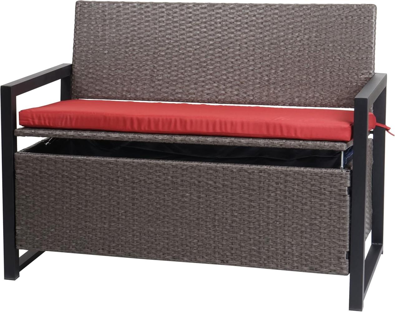 Poly-Rattan 2er Sitzbank HWC-F39, Gartenbank Truhenbank, Staufach Aufbewahrung Sitzkissen ~ grau-meliert, Kissen rot Bild 1