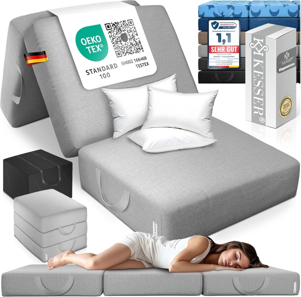 KESSER® Klappmatratze Gästematratze 3-fach Faltmatratze faltbar zum Sitzhocker | Schaumstoff 25kg/m³ extra dick 15cm atmungsaktiv waschbar abnehmbarer Bezug | Matratze inkl. Camping Tragetasche Grau, 90 x 195 x 15 cm Bild 1