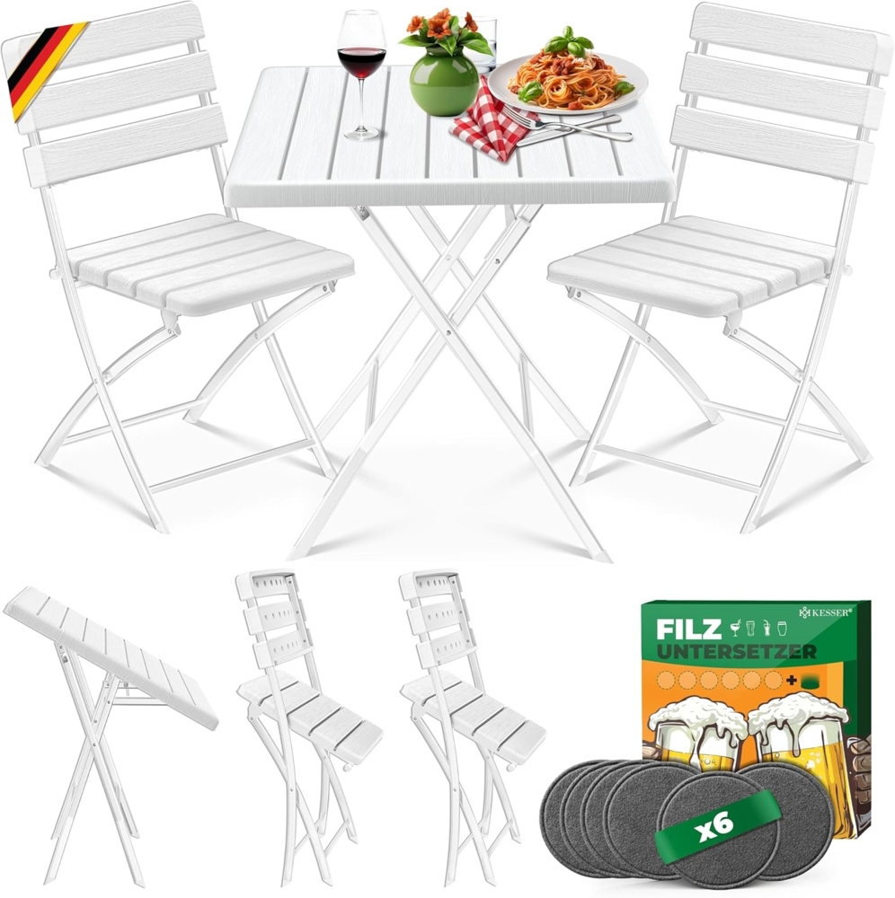 KESSER® Bistroset 3-teilig Balkontisch mit 2 Stühlen | Balkonmöbel Wetterfest & UV-beständig Balkonset klappbare Sitzgruppe | Beschichtetes Stahl | Gartenmöbelset mit 6 Filz-Untersetzer Weiß, Holz-Optik Bild 1