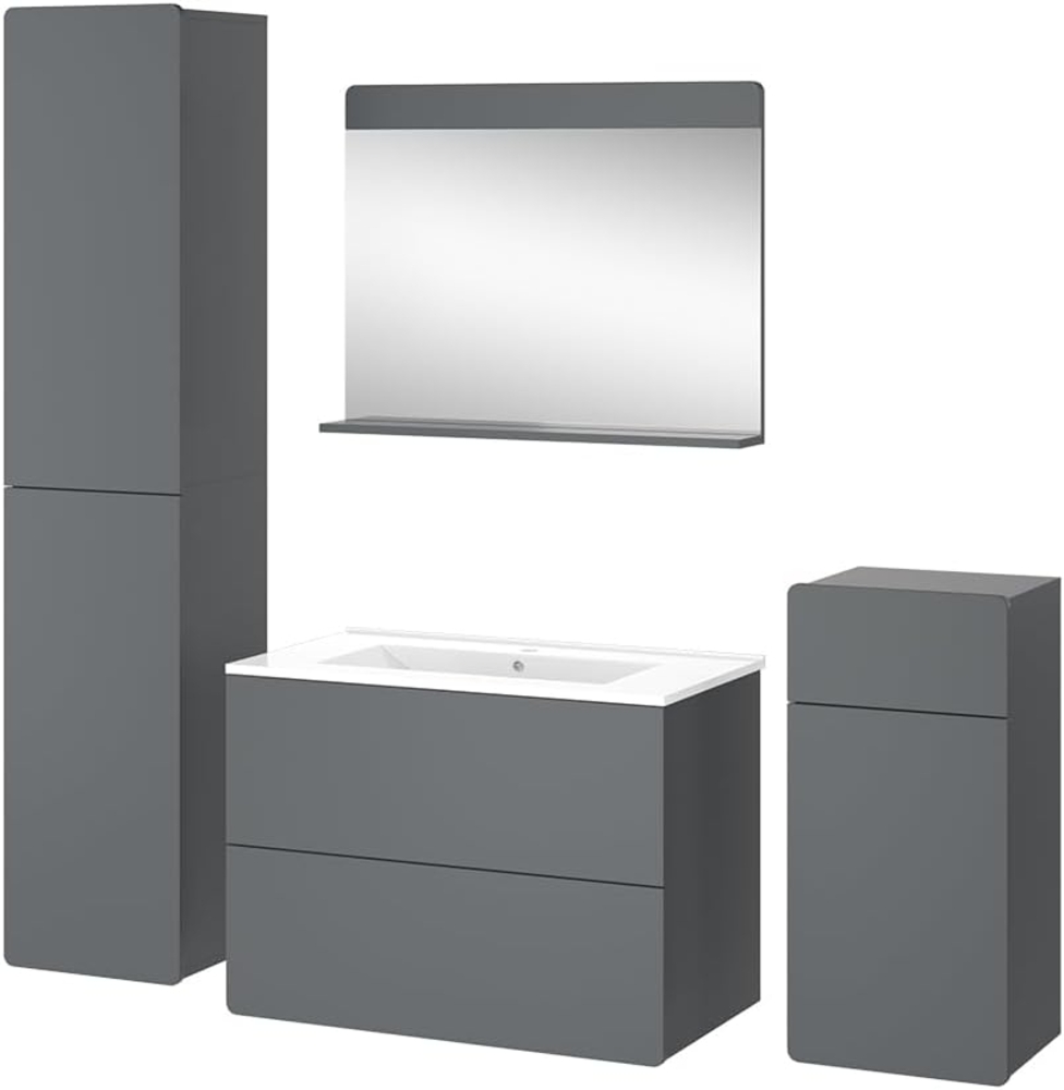 Vicco Badmöbel-Set Izan Grau modern Waschtischunterschrank Waschbecken Badspiegel Midischrank Hochschrank Bild 1