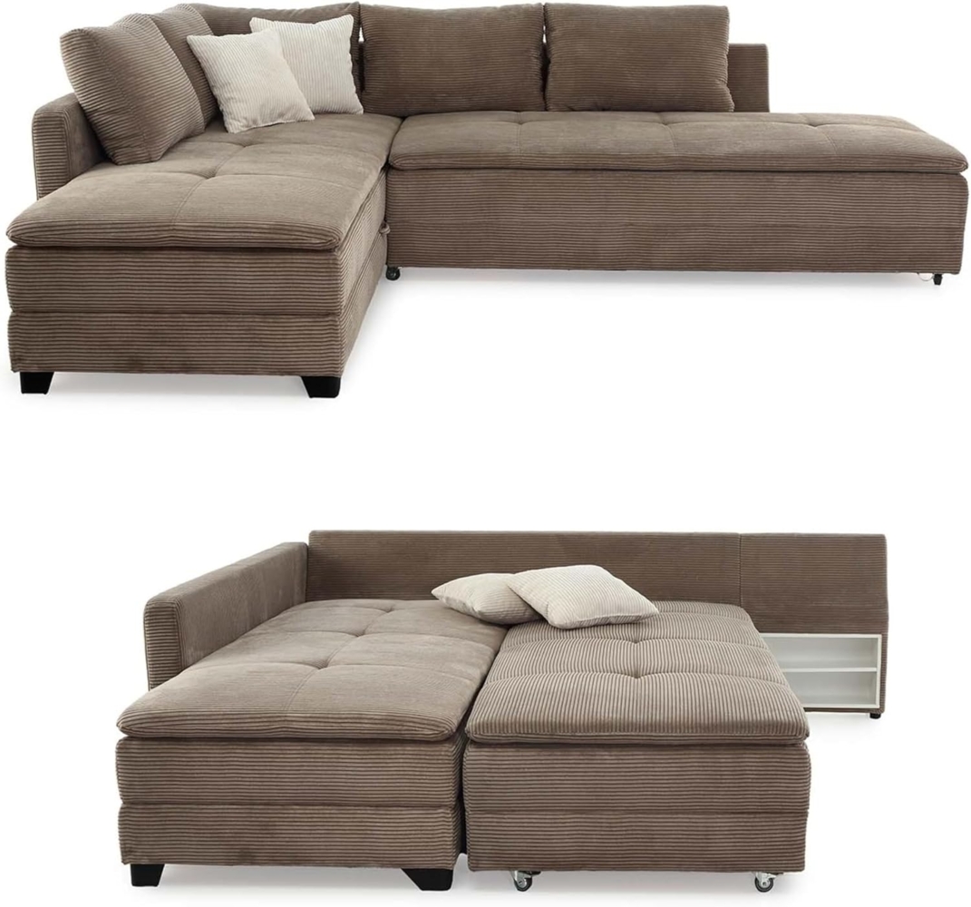 ECKSOFA-DAUERSCHLÄFER Doppelbett Boxspring Federkern Topper, seitenverkehrt montierbar 306/223/95 cm, Cord Braun Taupe Bild 1