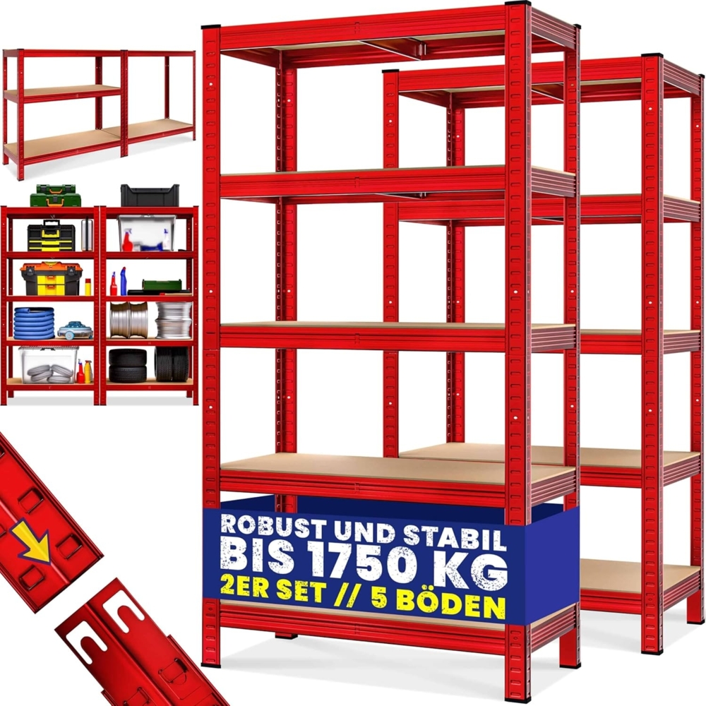 Monzana® 2X Schwerlastregal 180 x 90 x 40 cm rot 1750kg 10 MDF-Platten Montagematerial Kellerregal Lagerregal Steckregal Metallregal Werkstattregal Bild 1