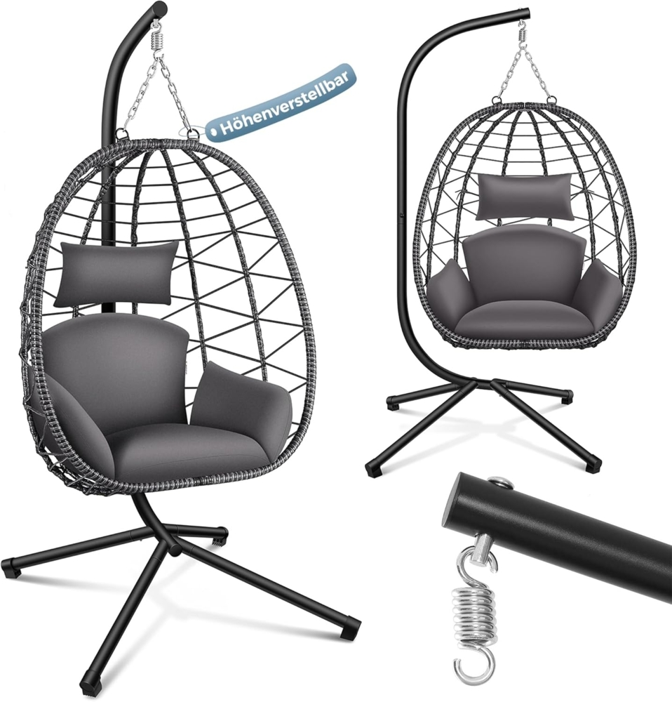 Makika Hängesessel mit Gestell höhenverstellbar aus Polyrattan in Grau Bild 1