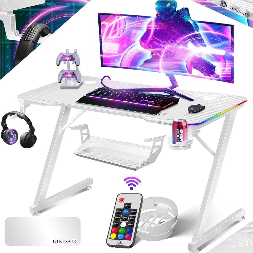 KESSER® Gaming Tisch LED | Z-Form Gamer Schreibtisch | Kopfhörerhaken & Kohlebeschichtung | Ergonomischer PC Computertisch | Stabiler Tisch mit Mauspad & Getränkehalter 100 x 60 cm, Weiß Carbon mit LED Bild 1