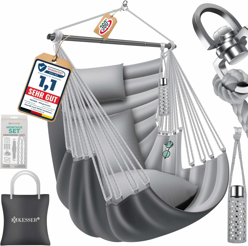 KESSER® Hängesessel Haiti 150kg Traglast, Hängestuhl 360° Drehung, Hängeschaukel Indoor-Outdoor UV-beständig & Wasserfest, Pflegeleicht, Inkl. 2 Kissen, Tragetasche, Flaschenhalter & Montage-Set Grau / Anthrazit Bild 1