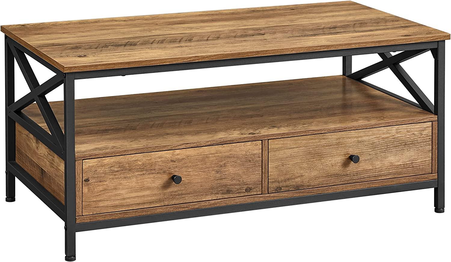 Vasagle Couchtisch, mit Schubladen, X-förmige Streben, offenes Fach, Industrie-Design, Holzspanplatte, Stahl, walnussbraun-schwarz, 55 x 100 x 45 cm Bild 1