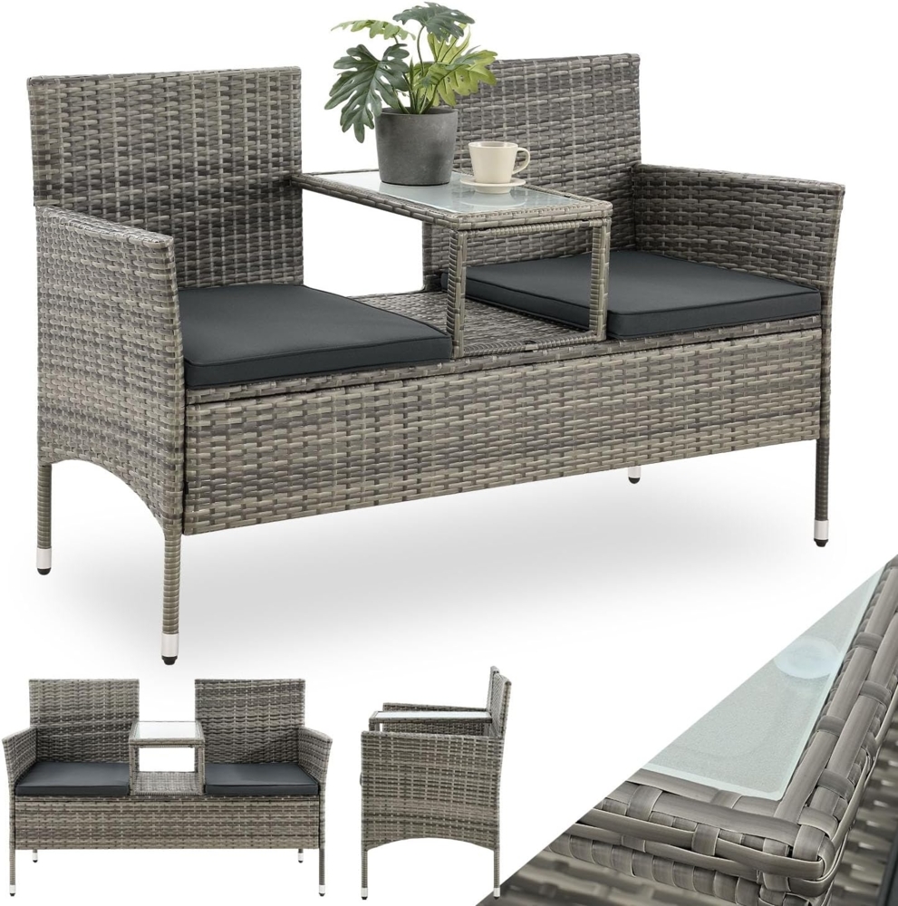 Juskys 'Monaco' 2-Sitzer Gartenbank mit Tisch und Kissen, Polyrattan grau, 133 × 63 × 84 cm Bild 1