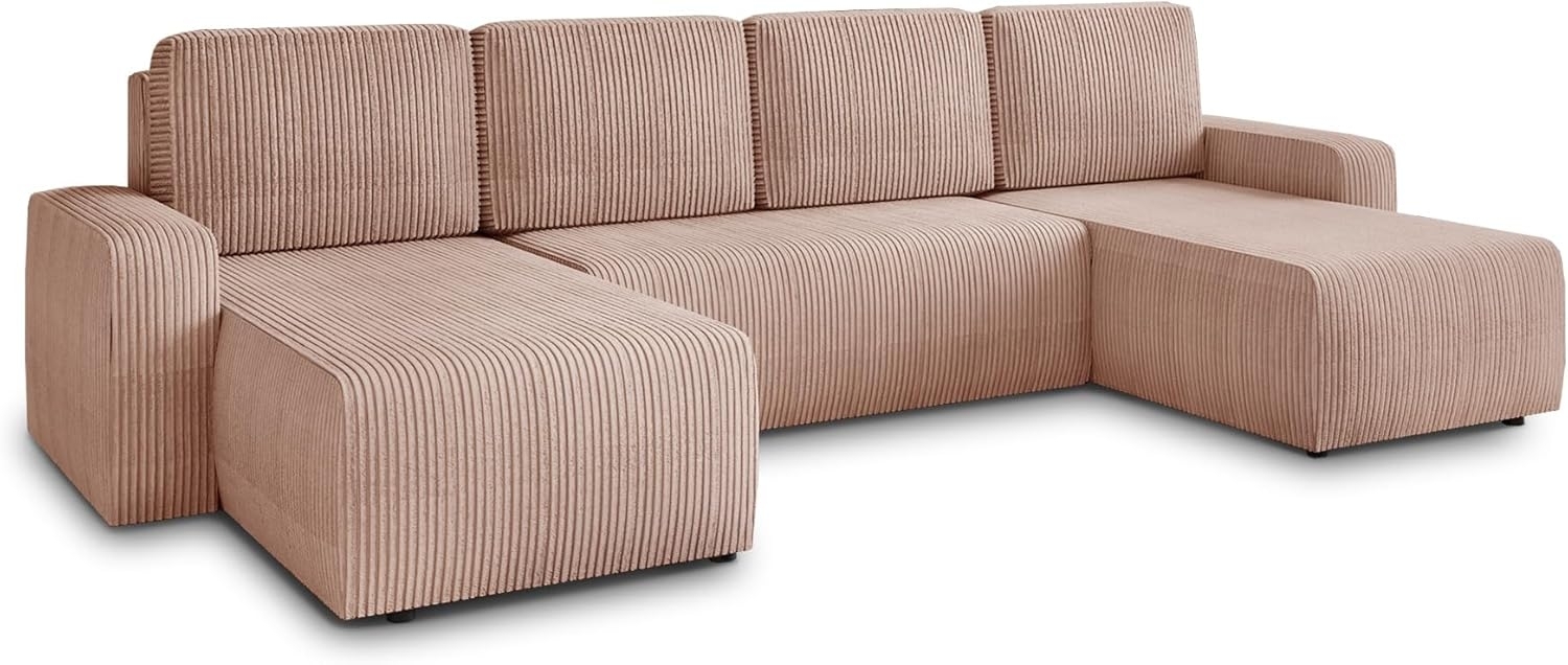 Wohnlandschaft mit Schlaffunktion Roma - U-Form Couch, Schlafsofa mit Bettkasten, Couchgranitur mit Bettfunktion, Big Sofa, Cord Stoff (Pink (Poso 052)) Bild 1