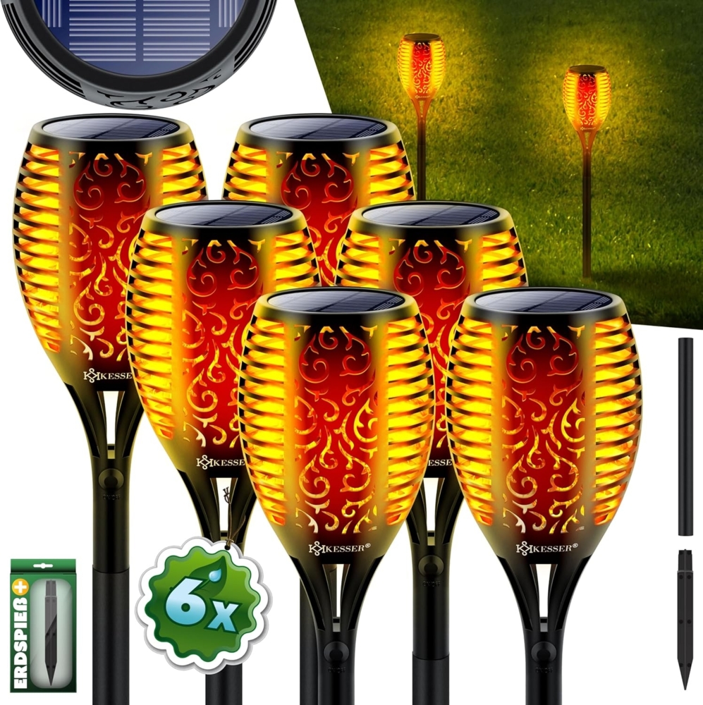 KESSER® Gartenfackel Solar Set Solarleuchten Flamme mit Wandhalterung + Erdspieß Licht-Sensor Wetterfest Garten Solarleuchte Fackel Lichter LED Gartenlampe Solarlampe Flammenlicht 6er Set, 12 LED´s Bild 1