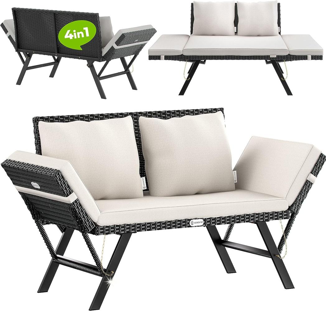 Casaria® Gartenbank mit Liegefunktion / Auflage / Kissen, Polyrattan schwarz / weiß, 176 x 56 x 81 cm Bild 1