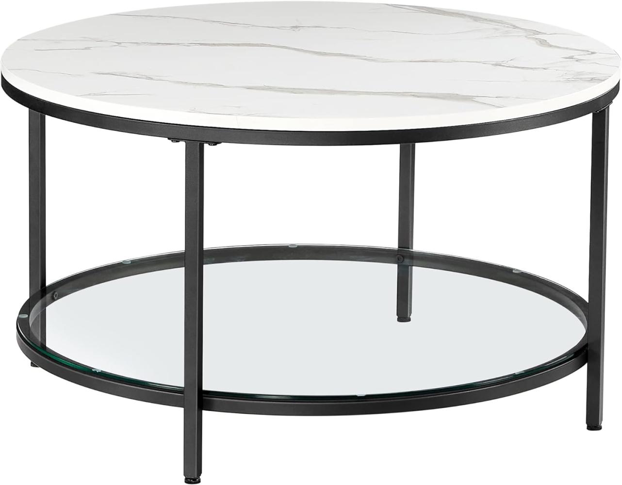 Vasagle Couchtisch mit Glasplatte, Holz / Stahl, Marmorweiß-Tintenschwarz, Ø 80x46 cm Bild 1