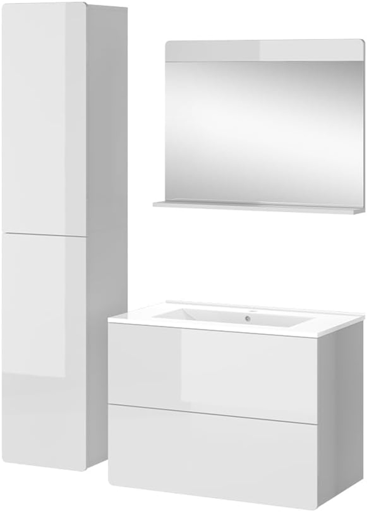 Vicco Badmöbel-Set Izan Weiß Hochglanz modern Waschtischunterschrank Waschbecken Badspiegel Hochschrank Bild 1