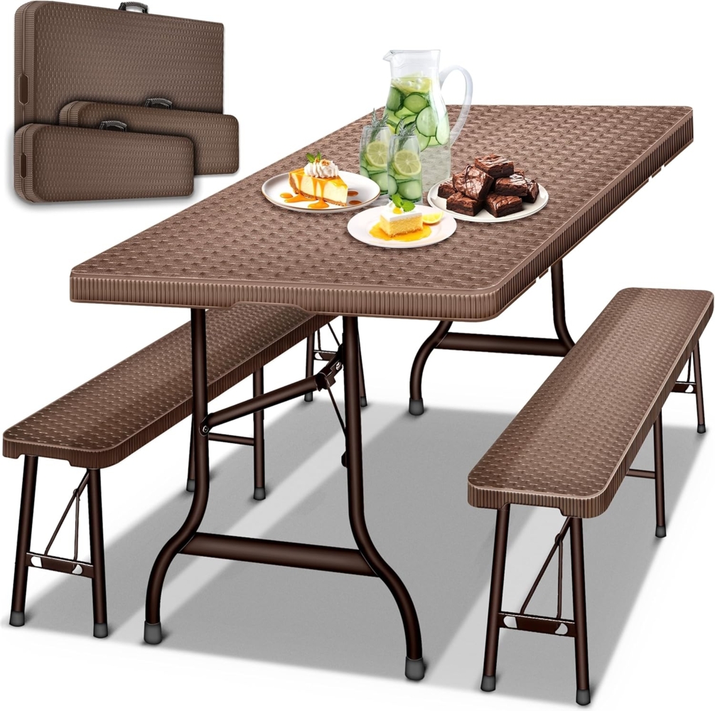 tillvex® Bierzeltgarnitur, 3-teilig, klappbar und wetterfest, Polyrattan, 180 x 75 x 75 cm, Braun Bild 1