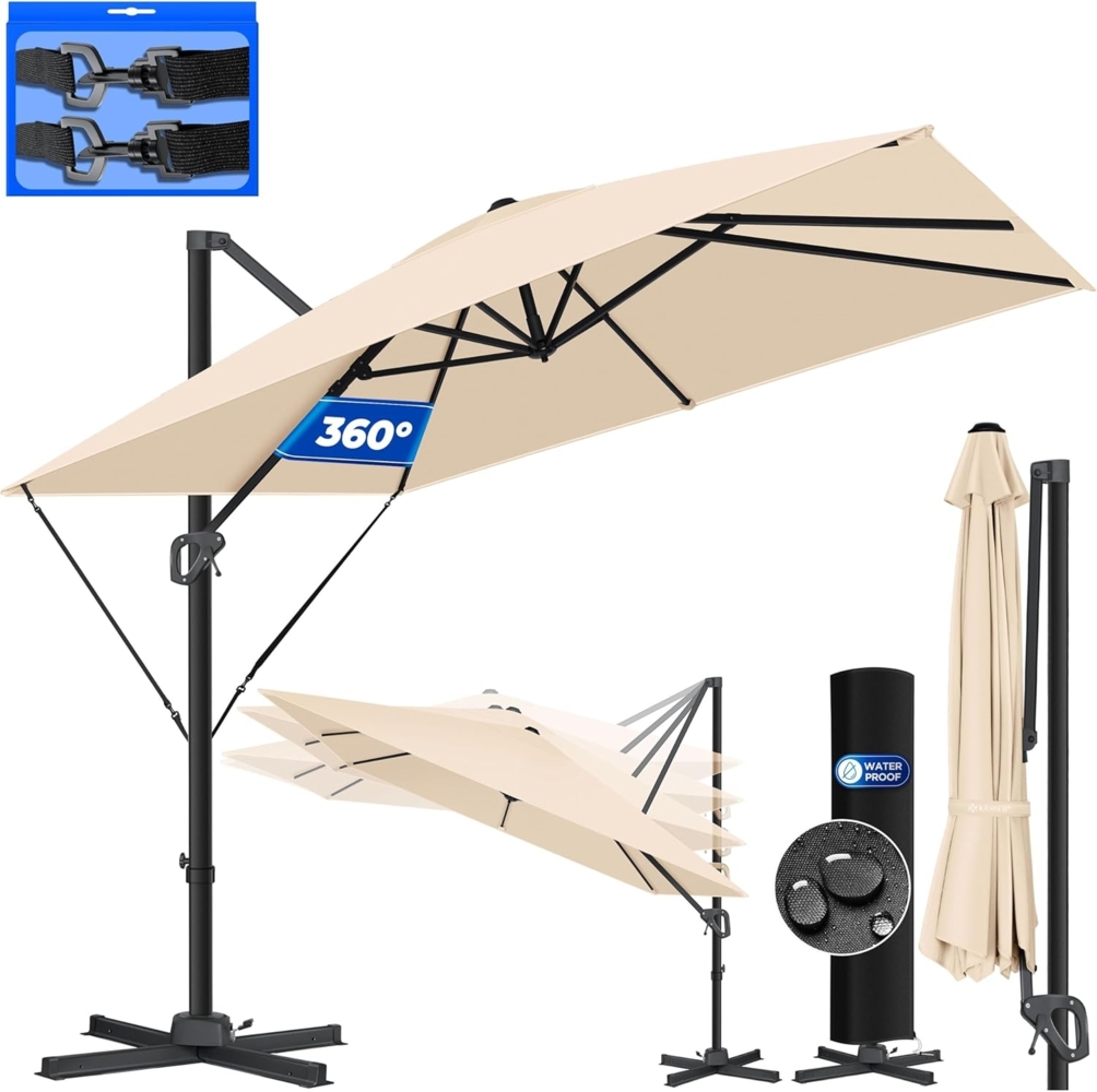 KESSER® Sonnenschirm Ampelschirm SUN XL 300 x 300 cm Inkl. Abdeckung +Windsicherung Drehbar Neigbar Kippbar Marktschirm Groß 360° Rotation, Gartenschirm mit Kurbel Sonnenschutz UV50+ Taupe, Ohne LED Bild 1