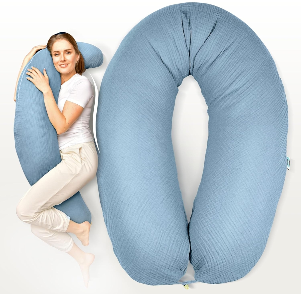 sei Design Stillkissen XXL Musselin 190x30, ergonomisches Seitenschläferkissen Schwangerschaftskissen Lagerungskissen - Extra leise Füllung. Bezug 100% Bio Baumwolle Baby Erstausstattung Neugeborene Bild 1