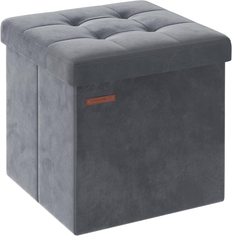Songmics Sitzbank mit Stauraum aus Samt, klappbare Sitztruhe, Aufbewahrungsbox mit Deckel, Fußbank, 38 x 38 x 38 cm, bis 300 kg belastbar, für Flur, Wohnzimmer, Schlafzimmer, schiefergrau LSFDE227G01 Bild 1
