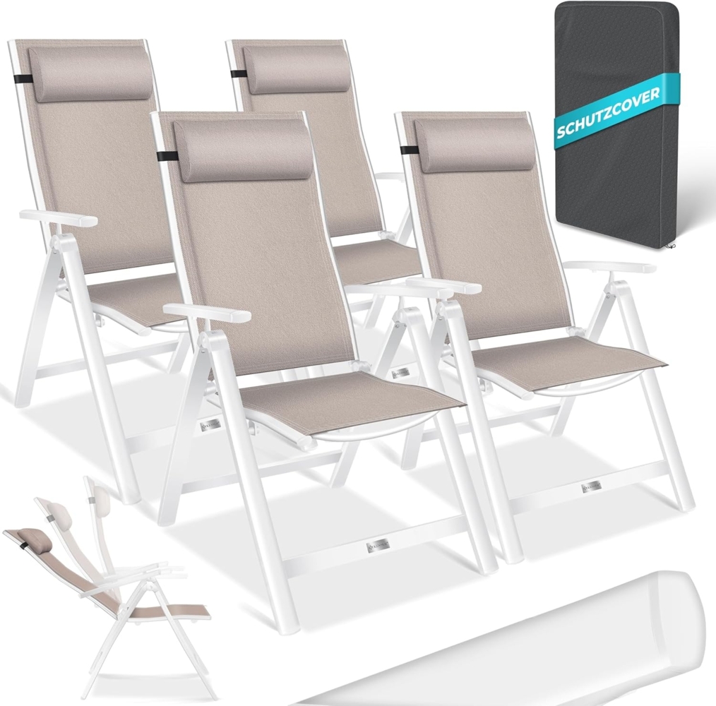 KESSER® Gartenstuhl Hochlehner mit Armlehnen | Aluminium Klappstuhl inkl. Kopfkissen Campingstuhl 7-Fach Verstellbar Rückenlehne | Atmungsaktiv & Wetterfest | Klappbar & Anti-Rutsch 4 Stück, Taupe Bild 1