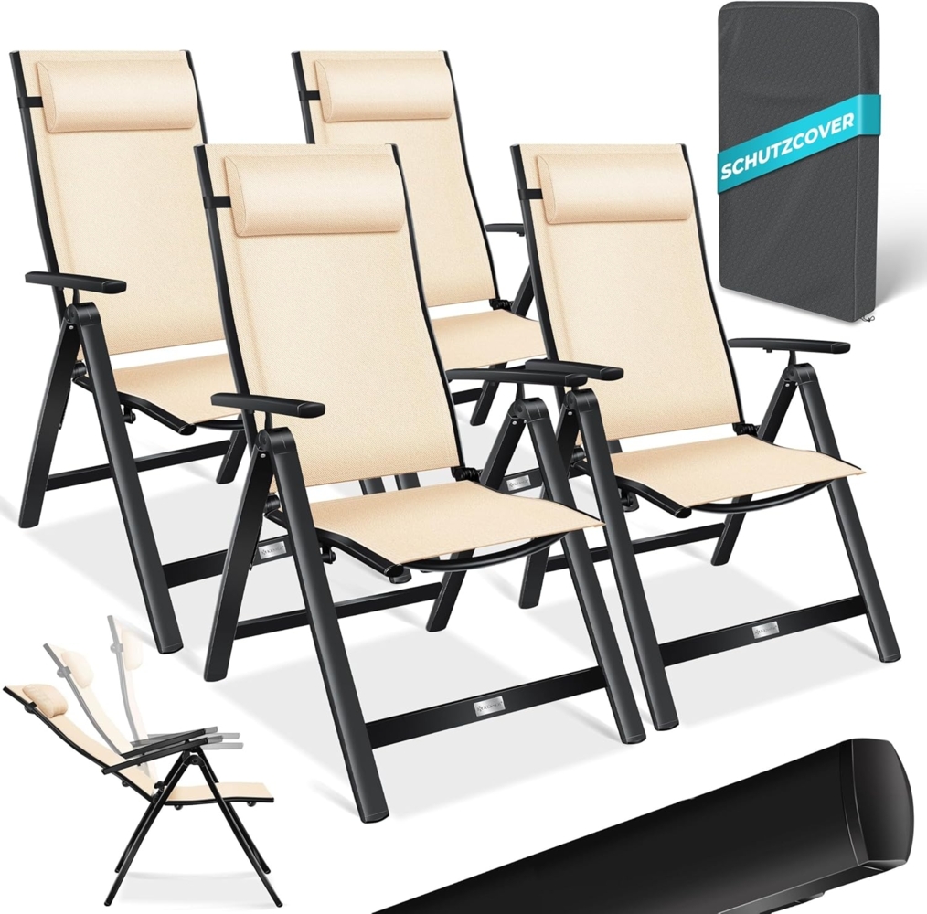 KESSER® Gartenstuhl Hochlehner mit Armlehnen | Aluminium Klappstuhl inkl. Kopfkissen Campingstuhl 7-Fach Verstellbar Rückenlehne | Atmungsaktiv & Wetterfest | Klappbar & Anti-Rutsch Beige, 4 Stück Bild 1