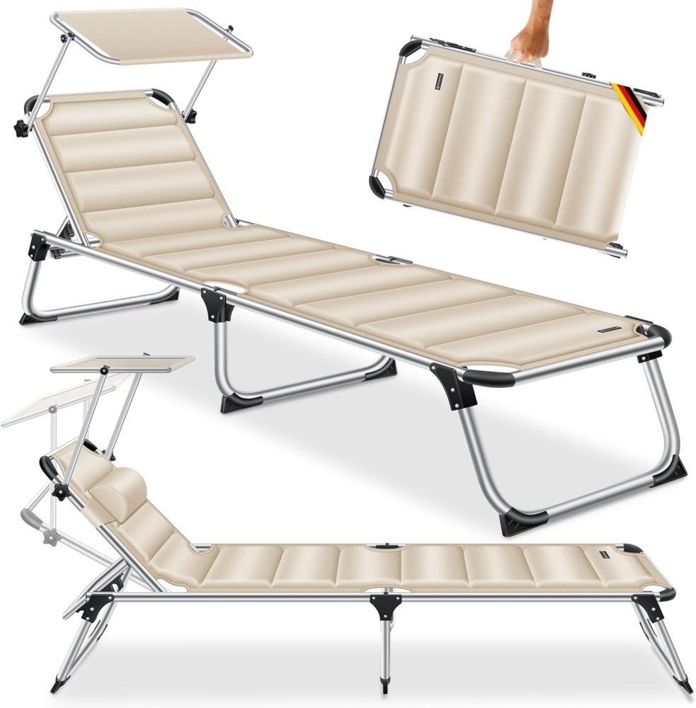 KESSER® Sonnenliege SUN mit Dach Gartenliege Liegestuhl klappbar Sonnendach Verstellbarer Rückenlehne , ergonomisch, gepolsterter Liegefläche, Aluminium Liege Gartenstuhl tragbar Strandliege Beige Bild 1