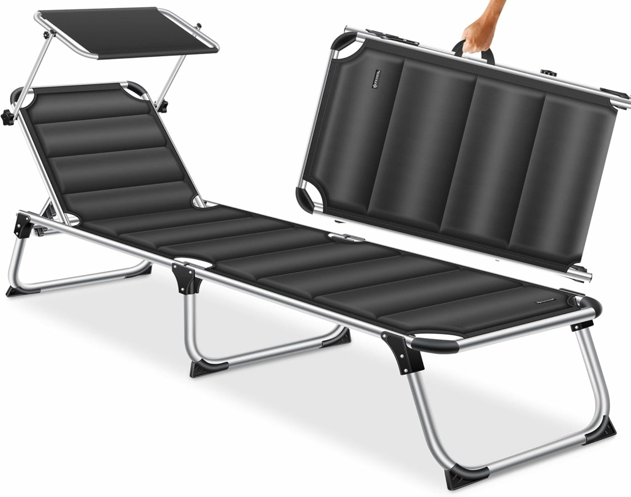 KESSER® Sonnenliege SUN mit Dach Gartenliege Liegestuhl klappbar Sonnendach Verstellbarer Rückenlehne , ergonomisch, gepolsterter Liegefläche, Aluminium Liege Gartenstuhl tragbar Strandliege Schwarz Bild 1