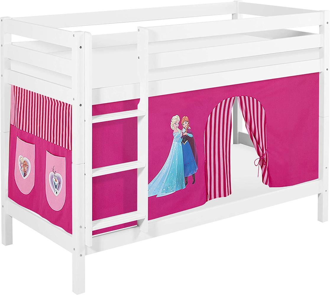 Lilokids 'Jelle' Etagenbett 90x200 cm, Eiskönigin Rosa, Kiefer massiv, mit Vorhang und Lattenroste Bild 1