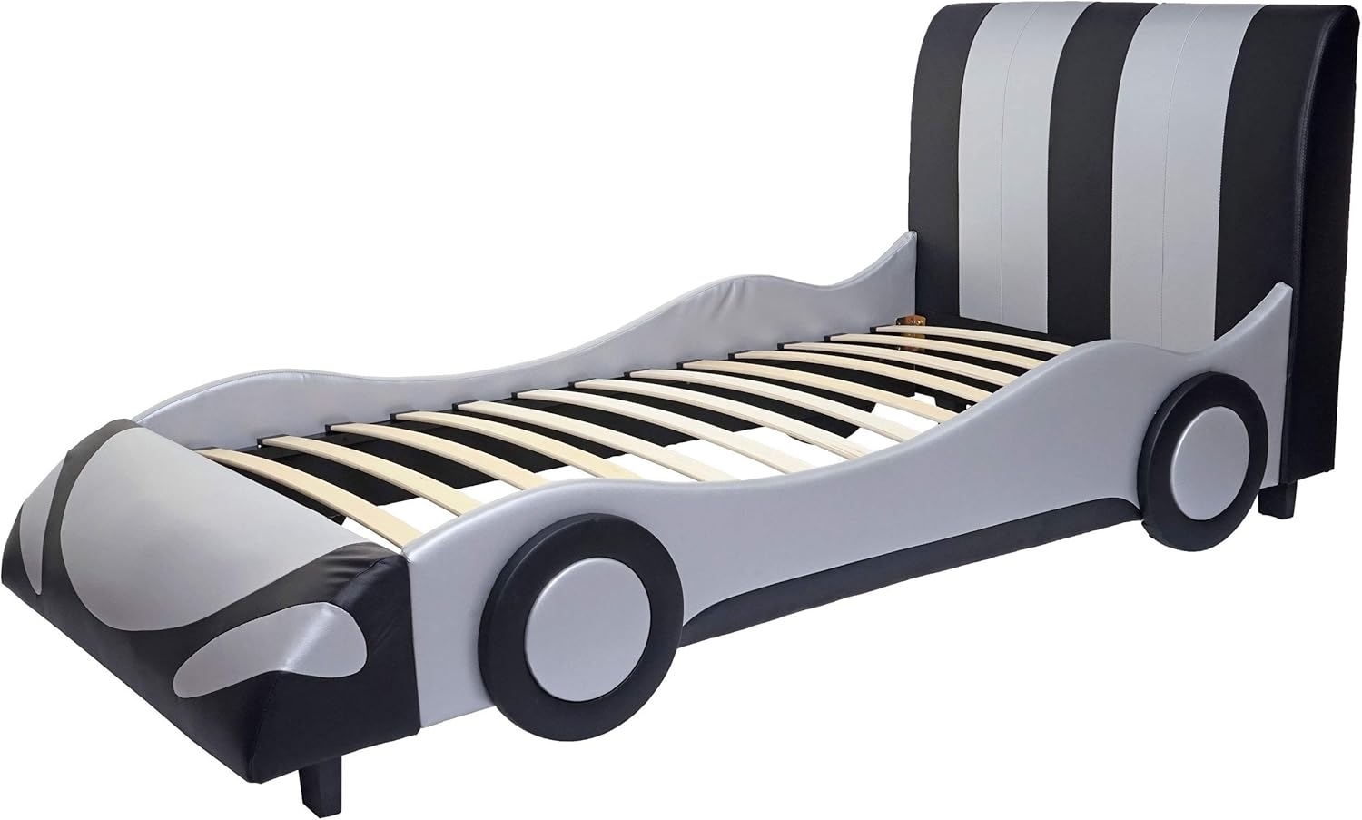 Bett HWC-E14, Auto Junge Kinderbett Jugendbett, Lattenrost Kunstleder Holz 190x100 cm ~ schwarz-silber Bild 1