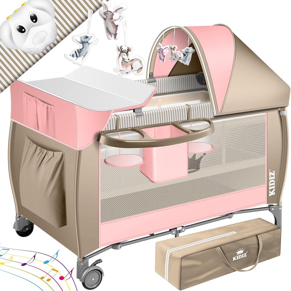 KIDIZ® Babybett 3 in 1 Reisebett Kombi Set Baby Bett mit Wickelauflage Moskitonetz Laufstall Baby ab Geburt bis 15 kg luftige Seitenwände mit Seiteneingang Tragetasche zusammenklappbar Rosa / Beige Bild 1