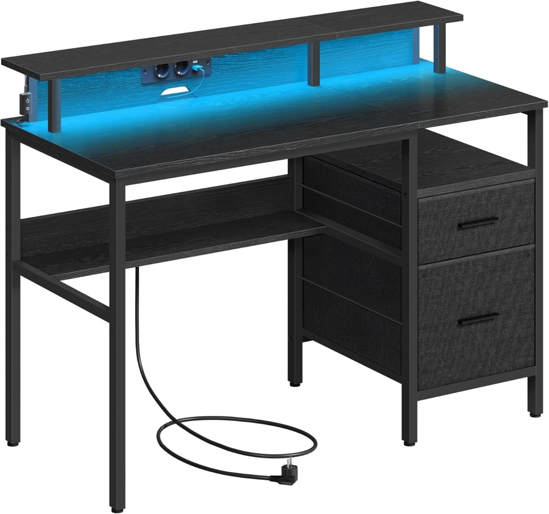 Vasagle Schreibtisch mit Schubladen, Computertisch mit Monitorständer, LED-Beleuchtung, 55 x 120 x 90 cm, eingebaute Steckdosen, 2 USB-Anschlüsse, für Homeoffice, ebenholzschwarz LWDDE093B01 Bild 1