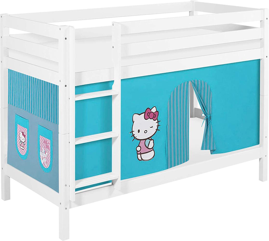Lilokids 'Jelle' Etagenbett 90x200 cm, Hello Kitty Türkis, Kiefer massiv, mit Vorhang und Lattenroste Bild 1