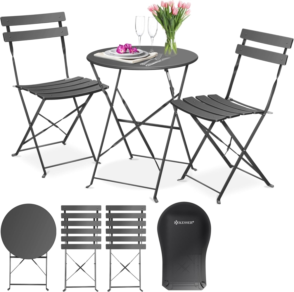 KESSER® Bistroset 3-teilig Bistrotisch mit 2 klappbaren Stühle Set Balkonset Balkonmöbel Klapp-Möbel Gartenset Sitzgarnitur Gartengarnitur Gartenmöbel Sitzgruppe Metall Bistro Gartentisch inkl. Abdeckung Anthrazit Bild 1
